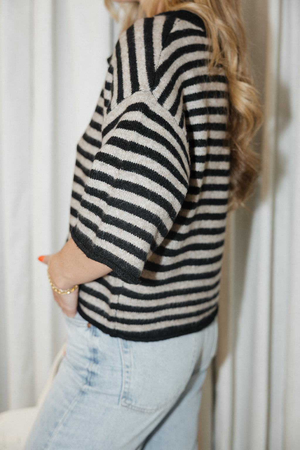 June Quarter Sleeve Cardigan in Black and Taupe