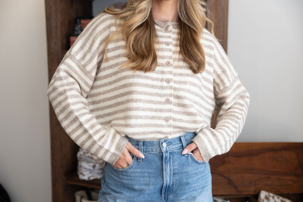 June Long Sleeve Cardigan in Taupe and Ivory