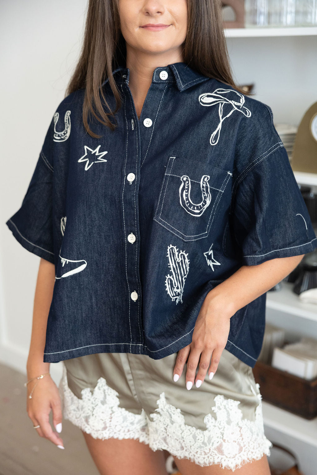The Show Embroidered Denim Top
