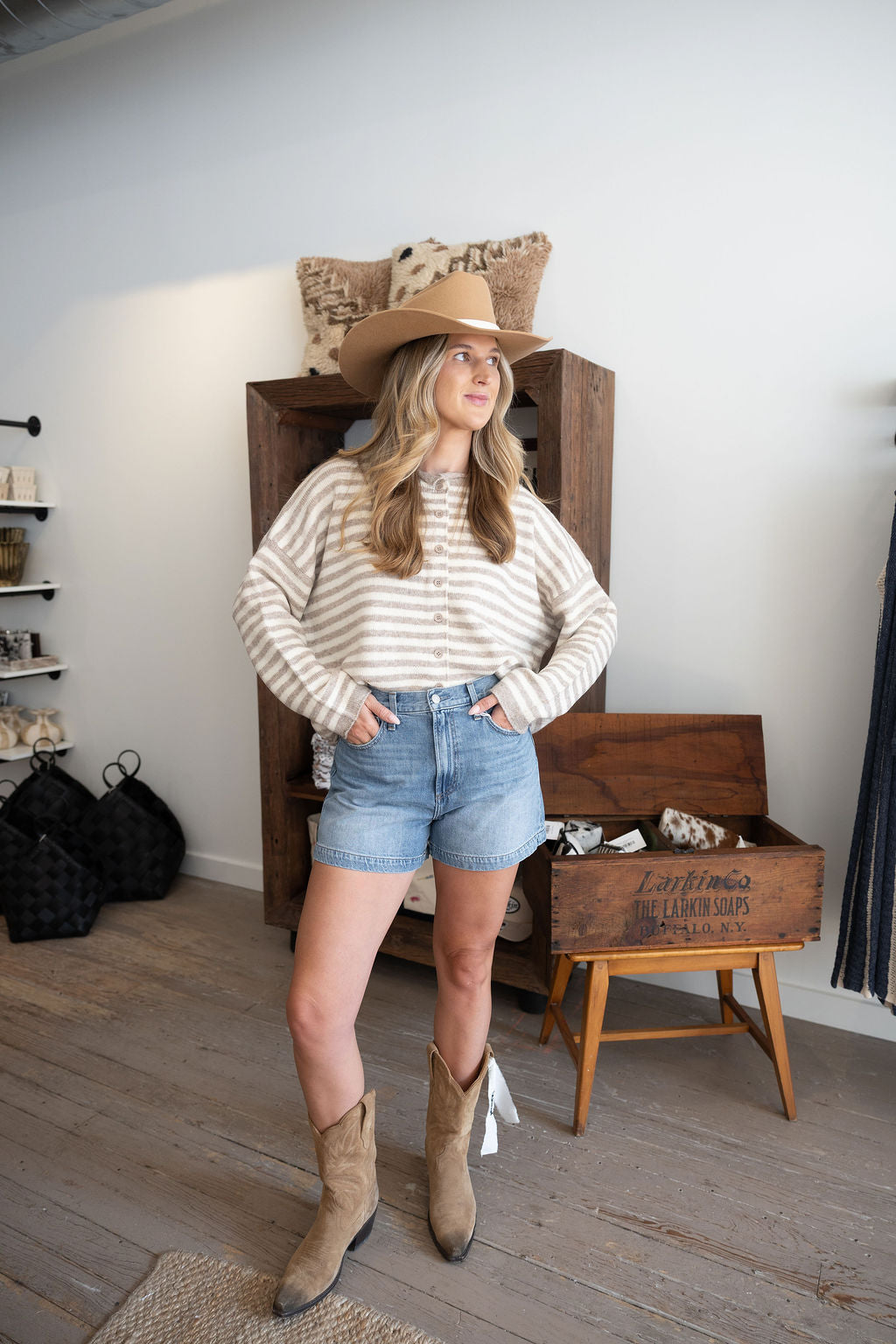 June Long Sleeve Cardigan in Taupe and Ivory