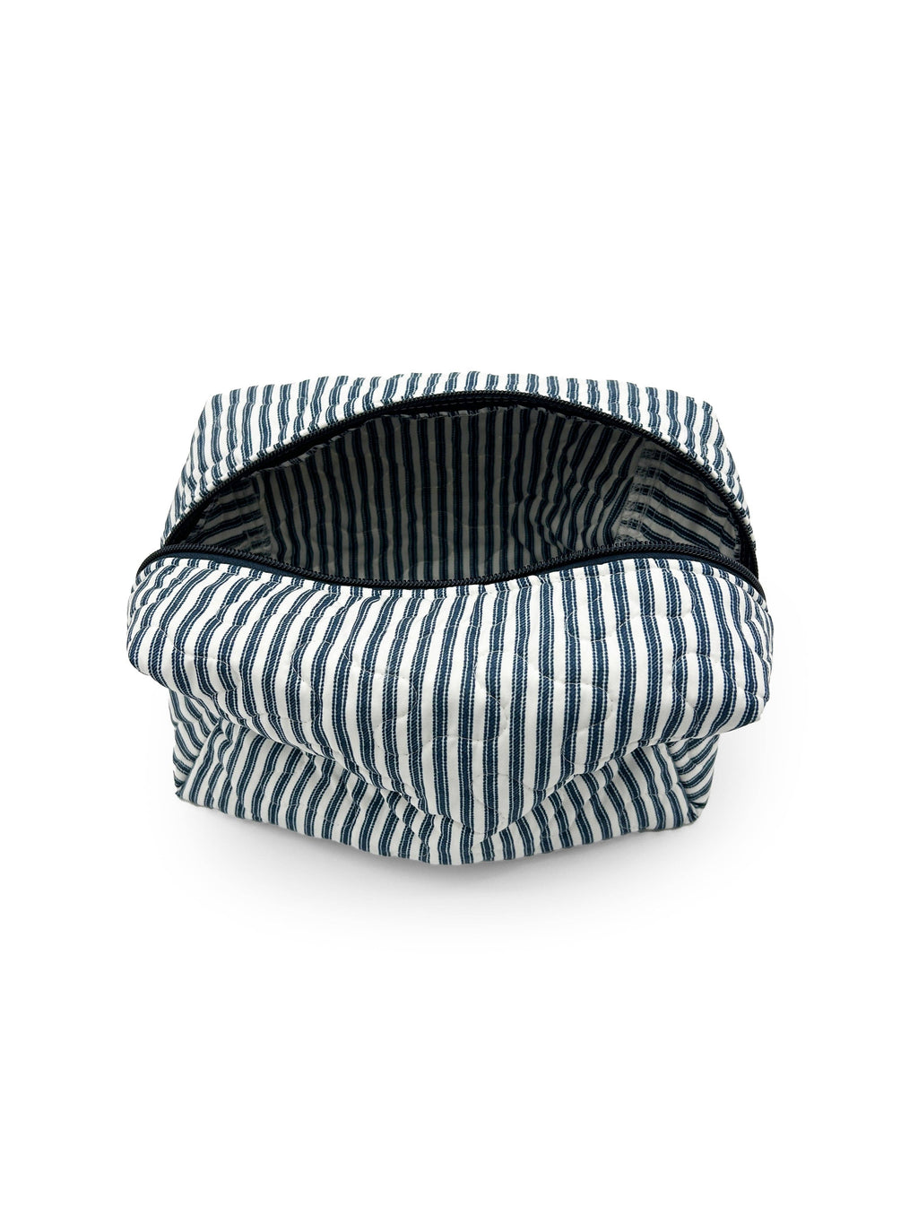 Ticking Stripe Navy Quilted Makeup Bag