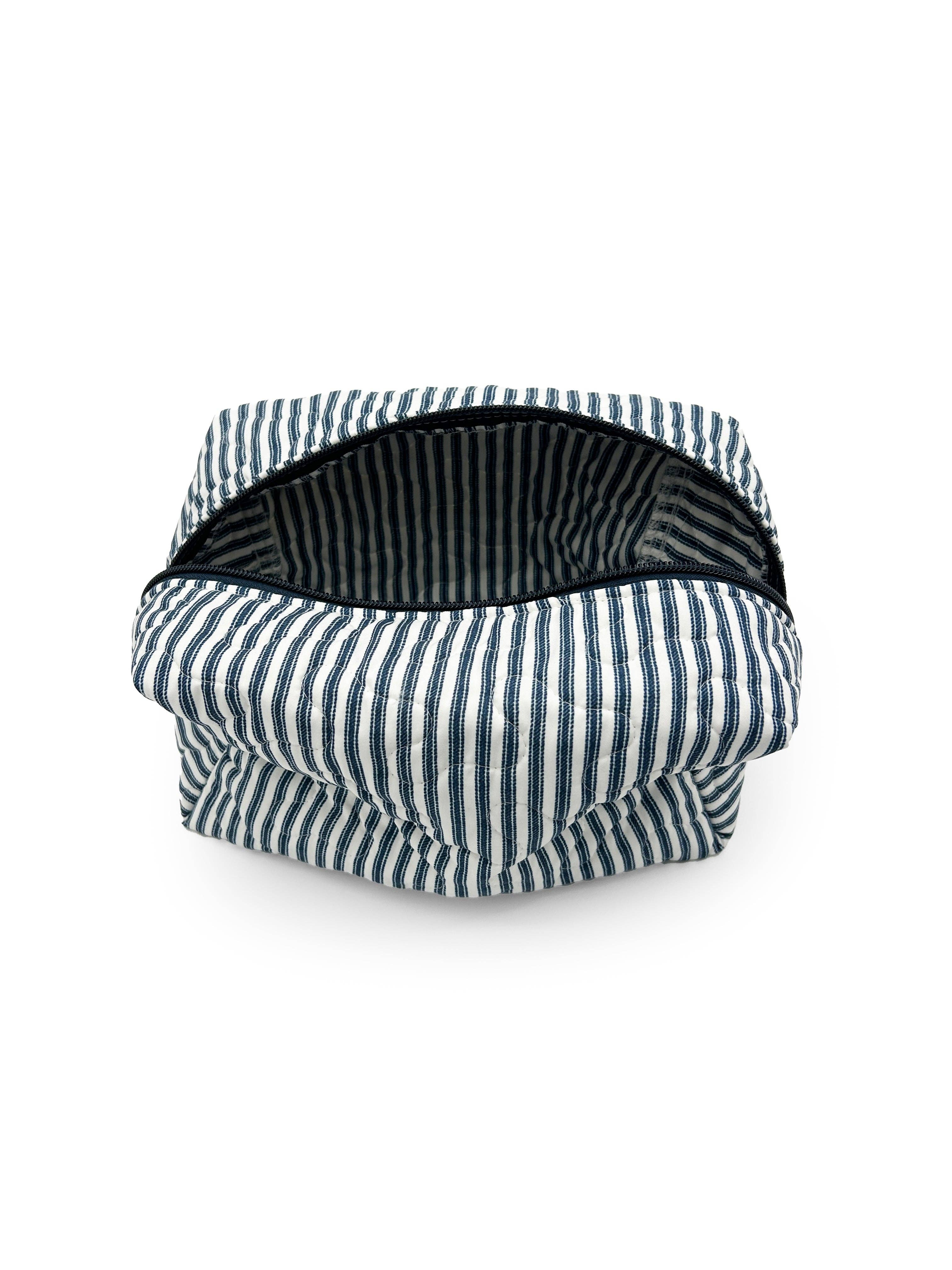 Ticking Stripe Navy Quilted Makeup Bag