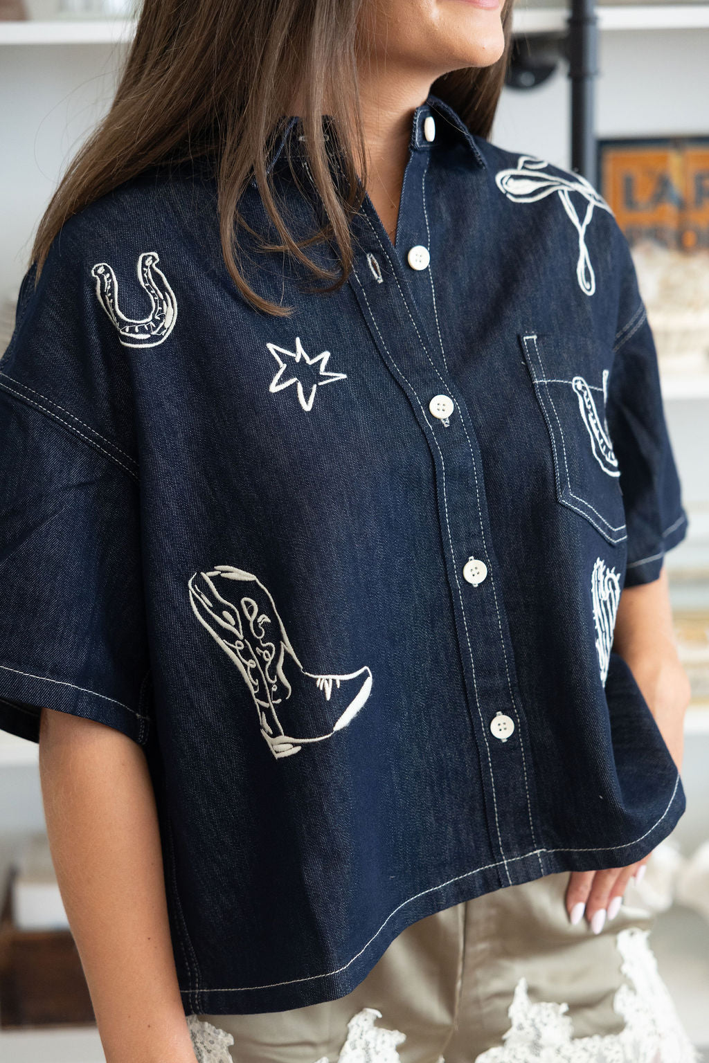 The Show Embroidered Denim Top