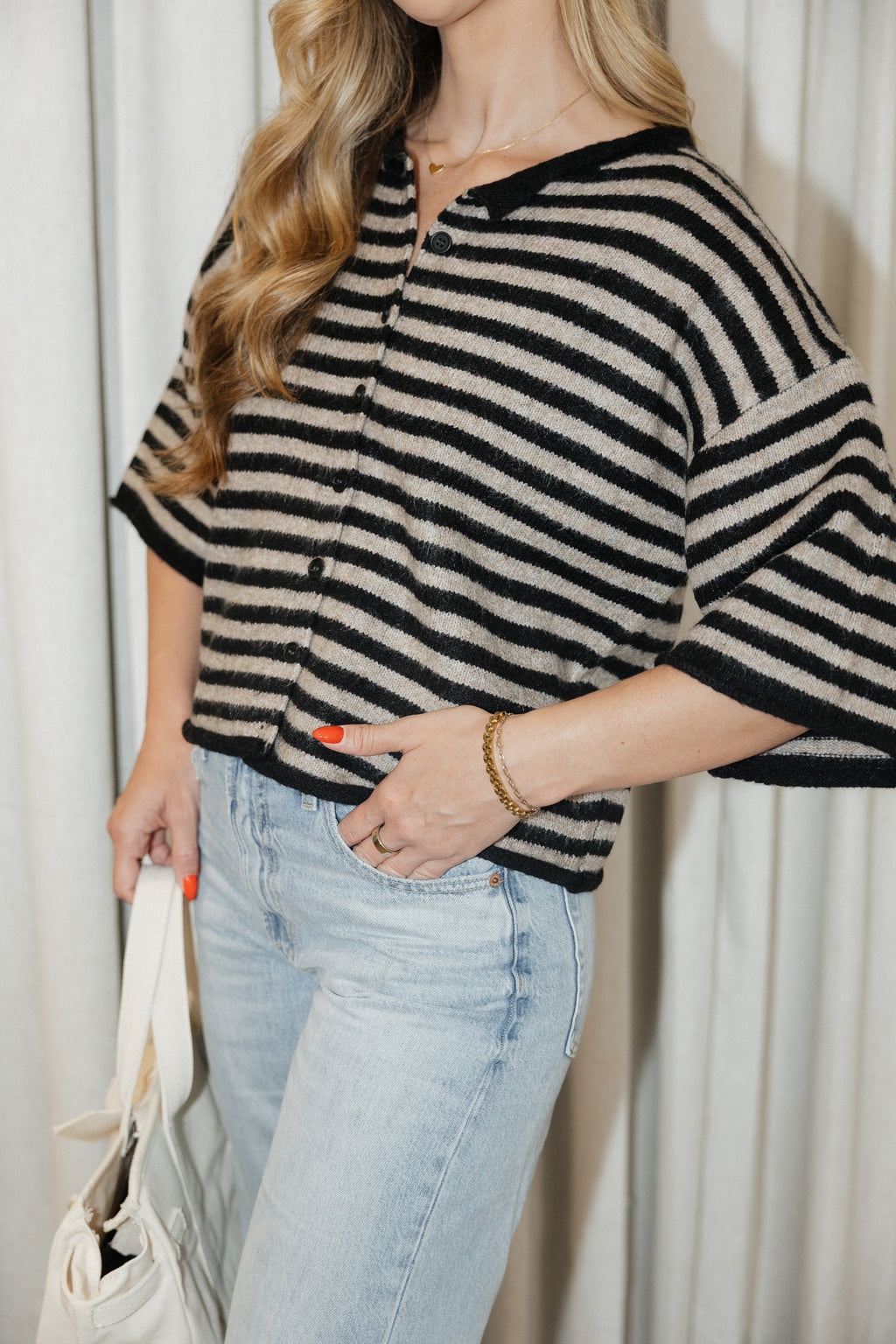 June Quarter Sleeve Cardigan in Black and Taupe