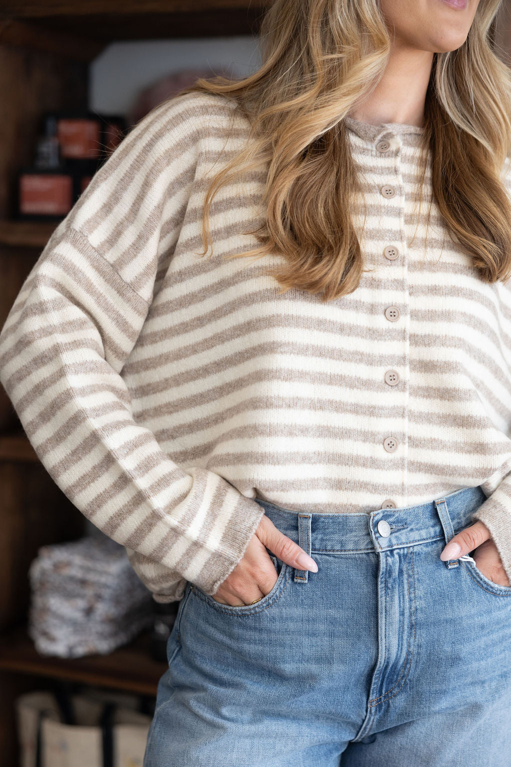 June Long Sleeve Cardigan in Taupe and Ivory