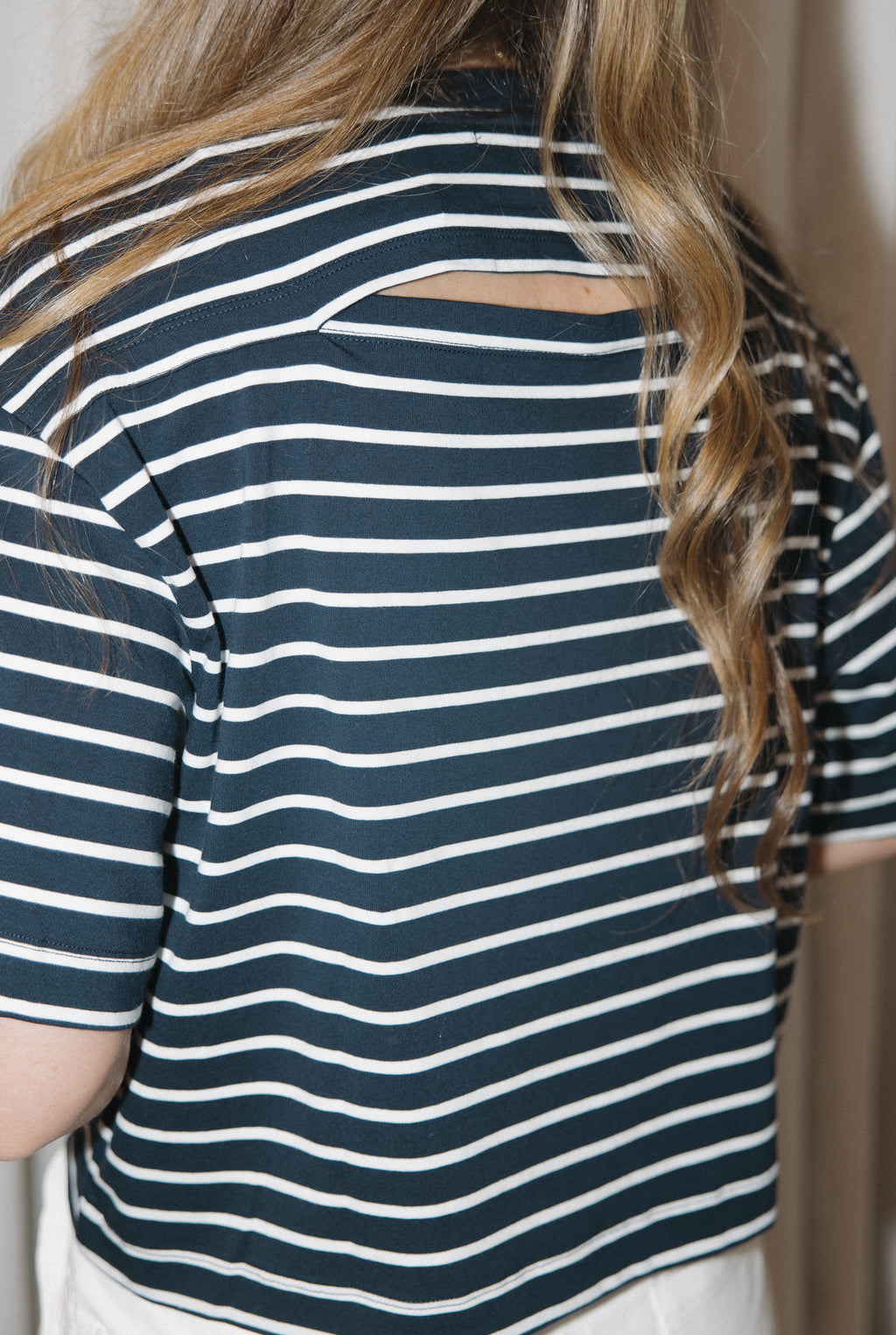 Mae Navy Striped Crop Tee