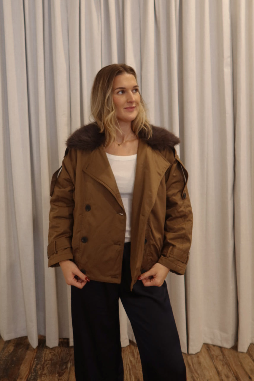Fur Collar Trench Jacket in Teak