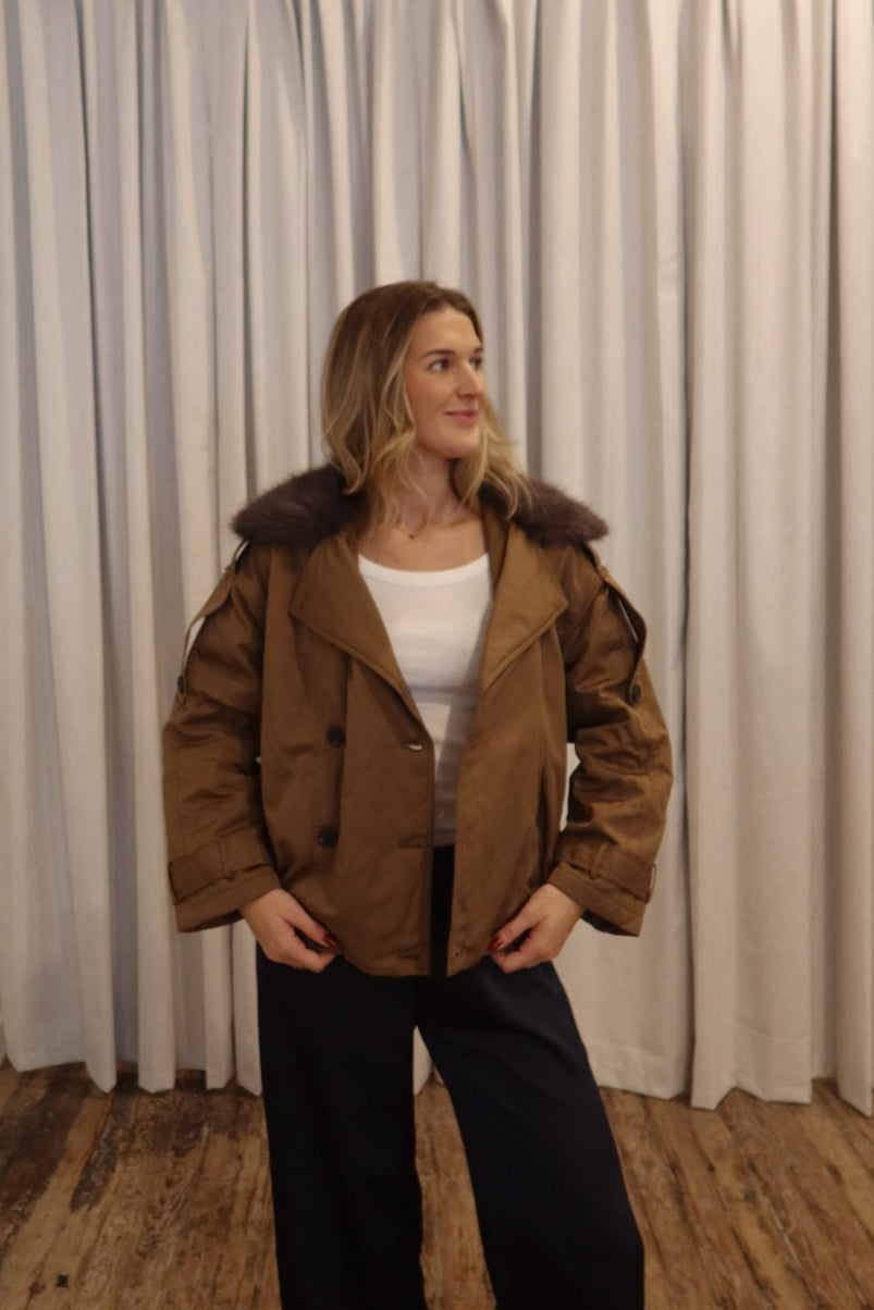 Fur Collar Trench Jacket in Teak