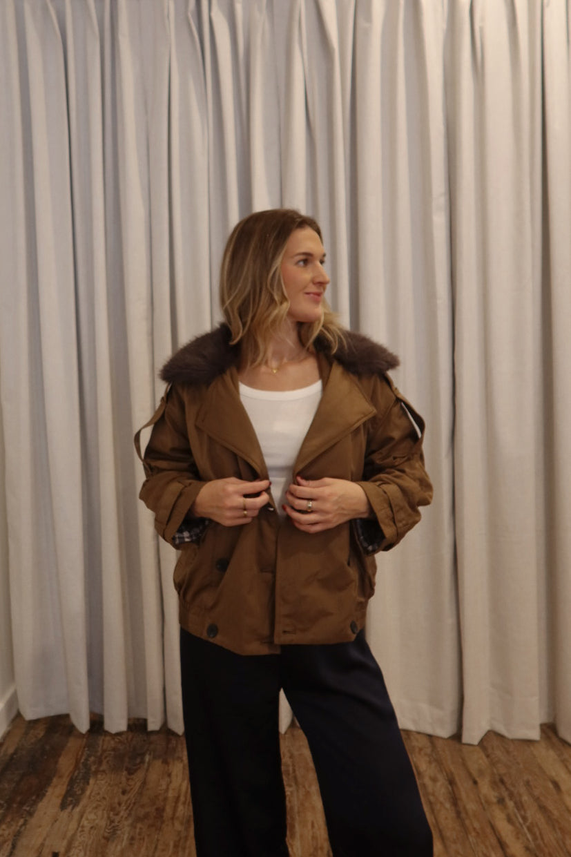 Fur Collar Trench Jacket in Teak