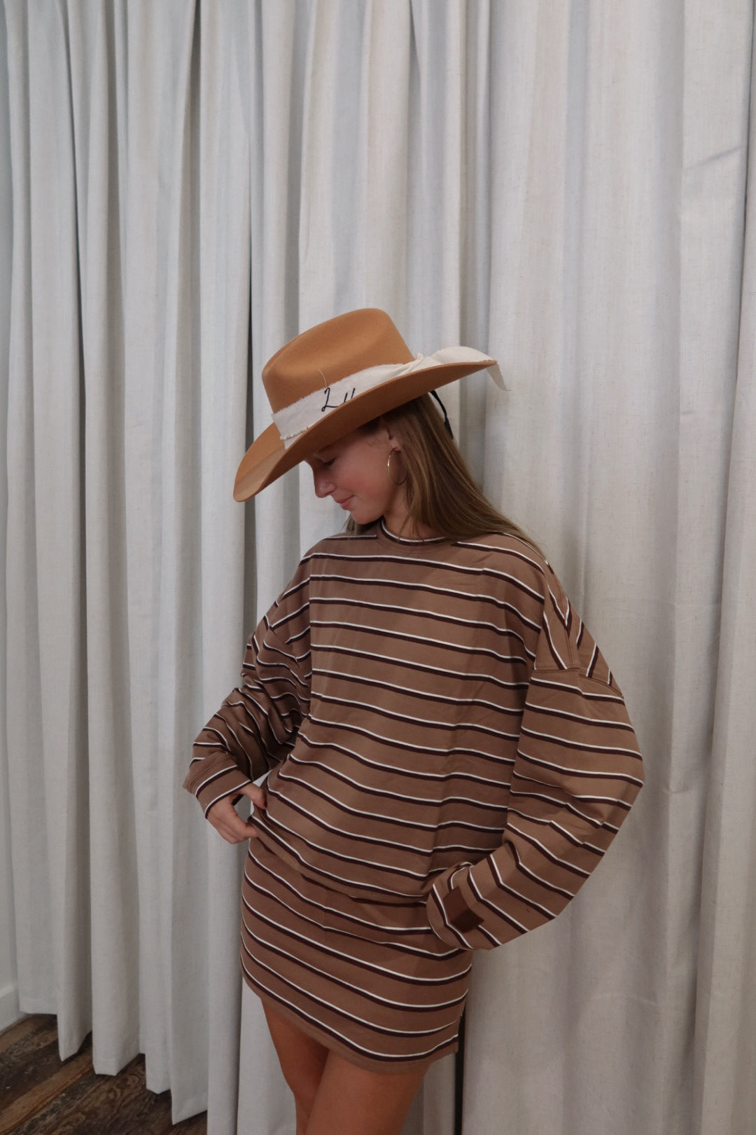 Keller Stripe Terry Sweatshirt in Tan and Brown
