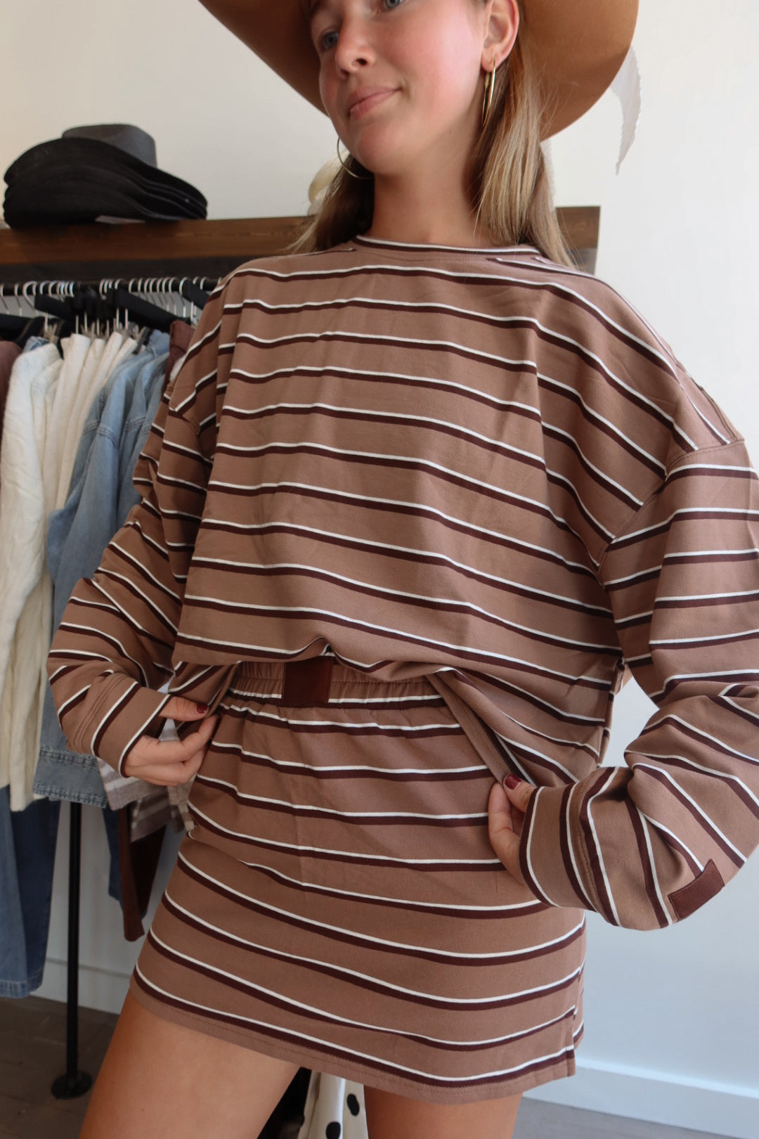 Keller Stripe Terry Sweatshirt in Tan and Brown