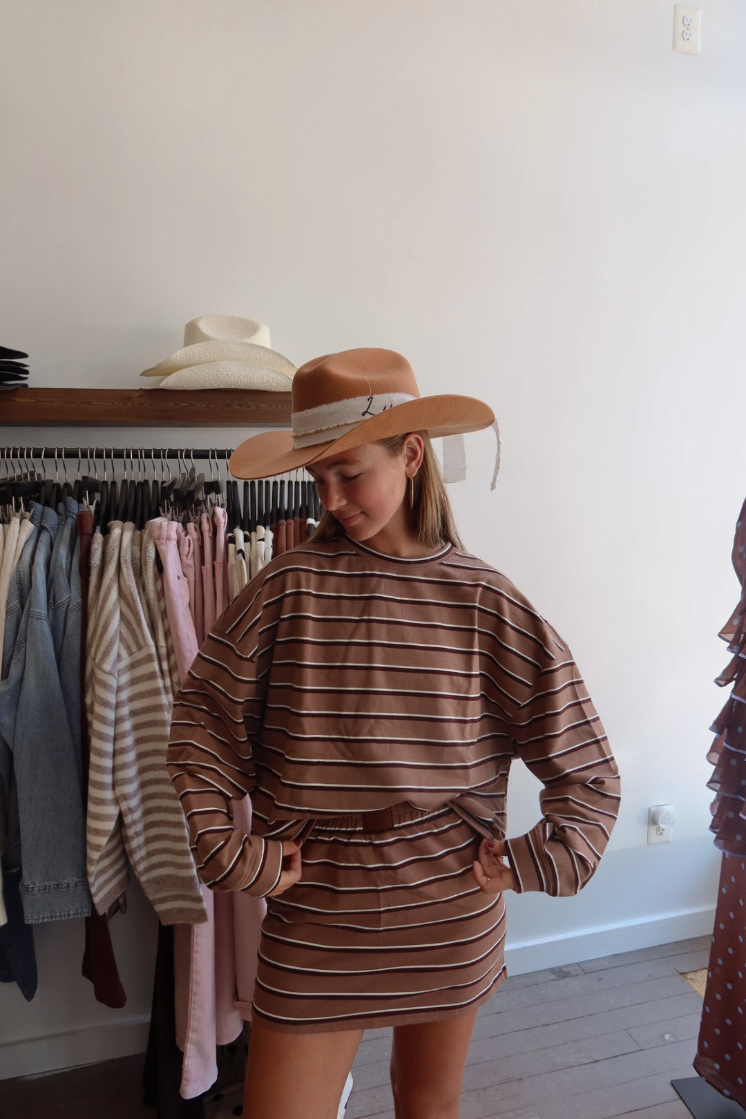Keller Stripe Terry Sweatshirt in Tan and Brown